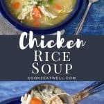 Two images of the finished chicken rice soup with a graphic in the center in gray with white letters with the title.