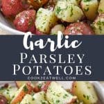 Two images of the finished potatoes with a graphic in the center in gray with white letters with the title.