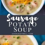 Two images of the finished soup with a graphic in the center in gray with white letters with the title.