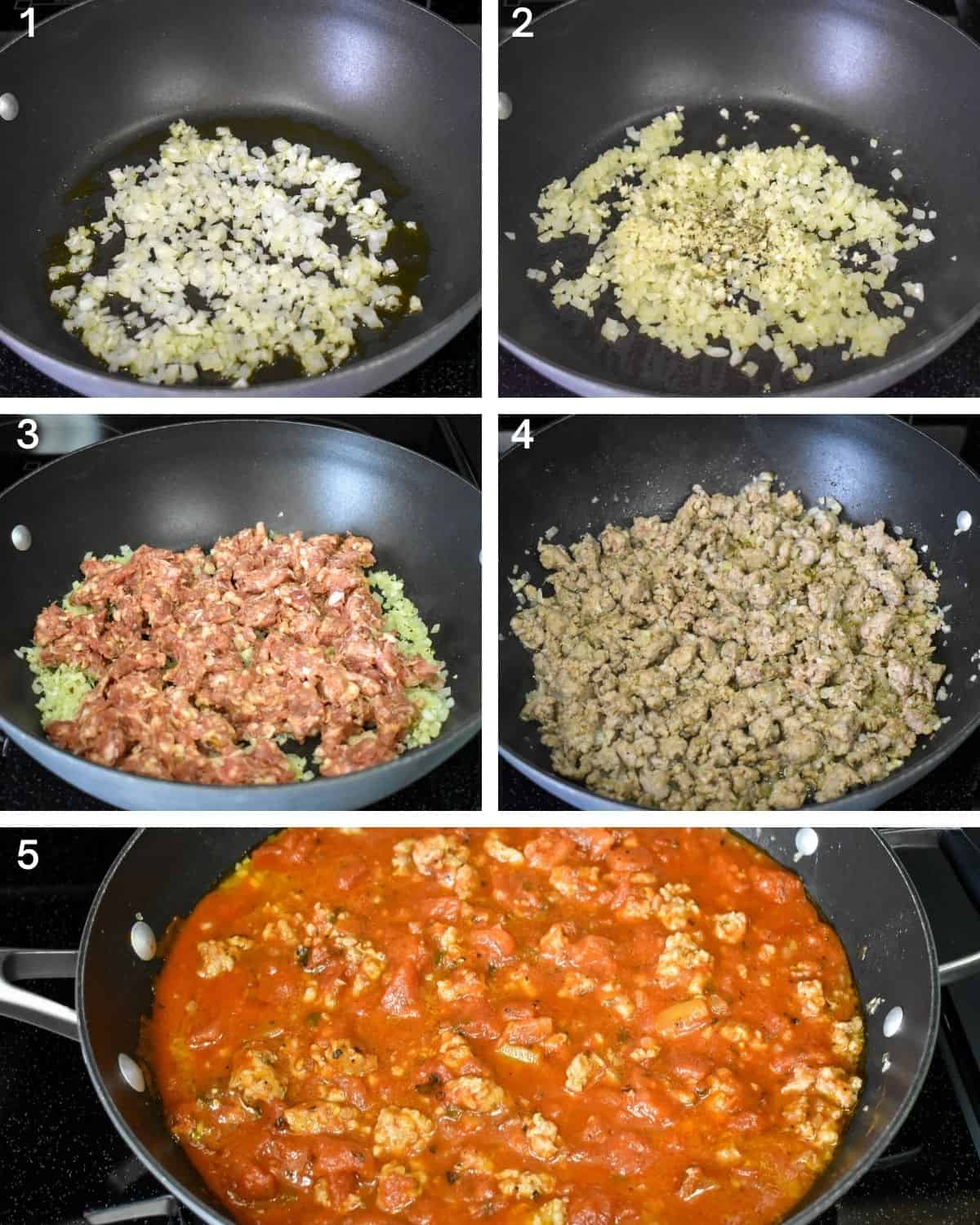 A collage of five images showing how to make the Italian sausage sauce.