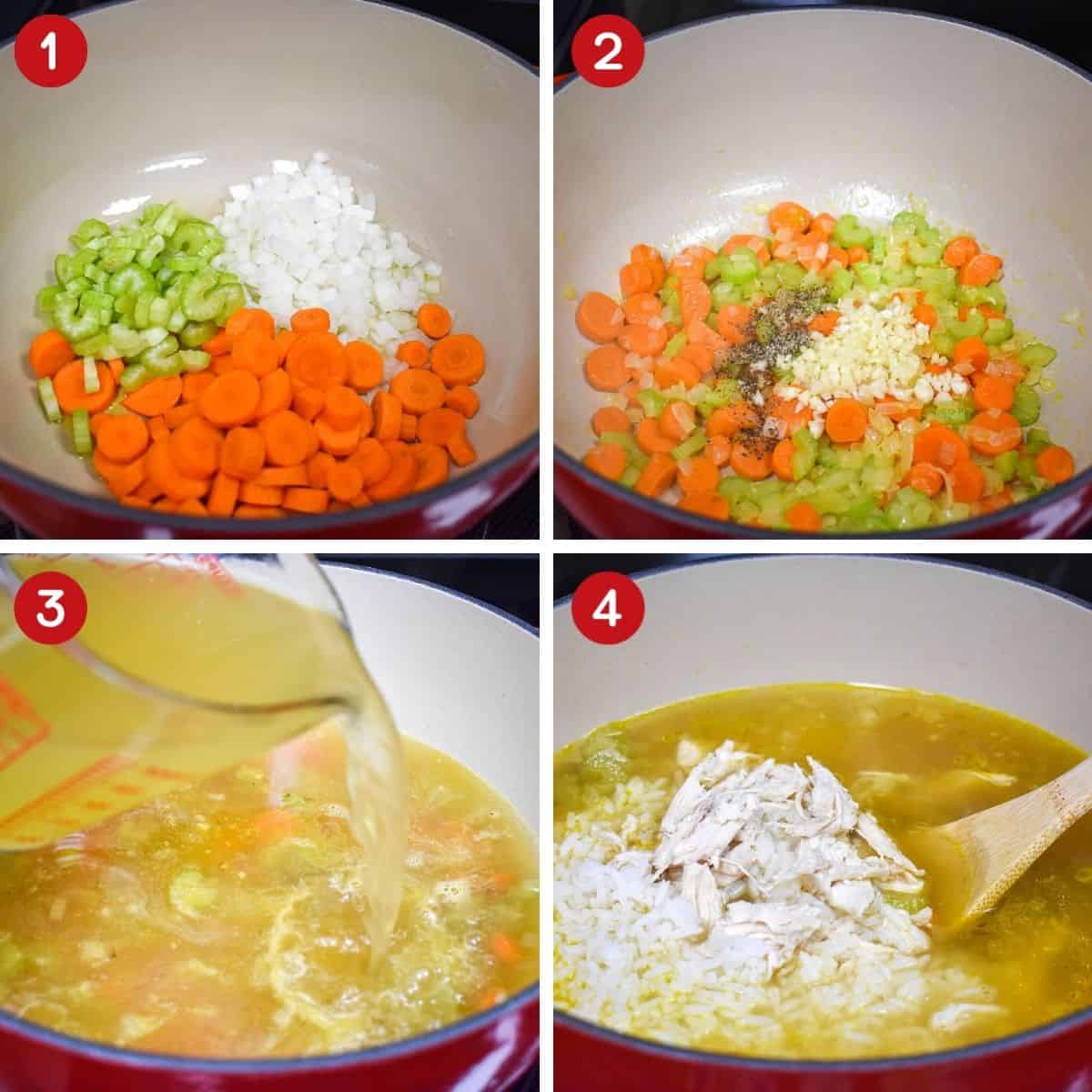 A collage of four pictures showing the steps to making the chicken and rice soup.