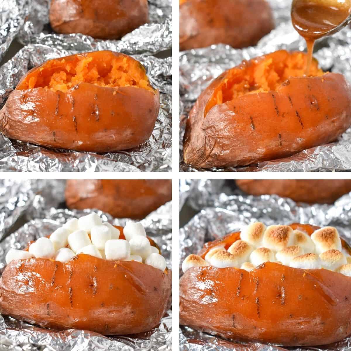 A collage of four images showing the process of making the loaded sweet potato, from fluffing the flesh to a final image with toasted marshmallows.