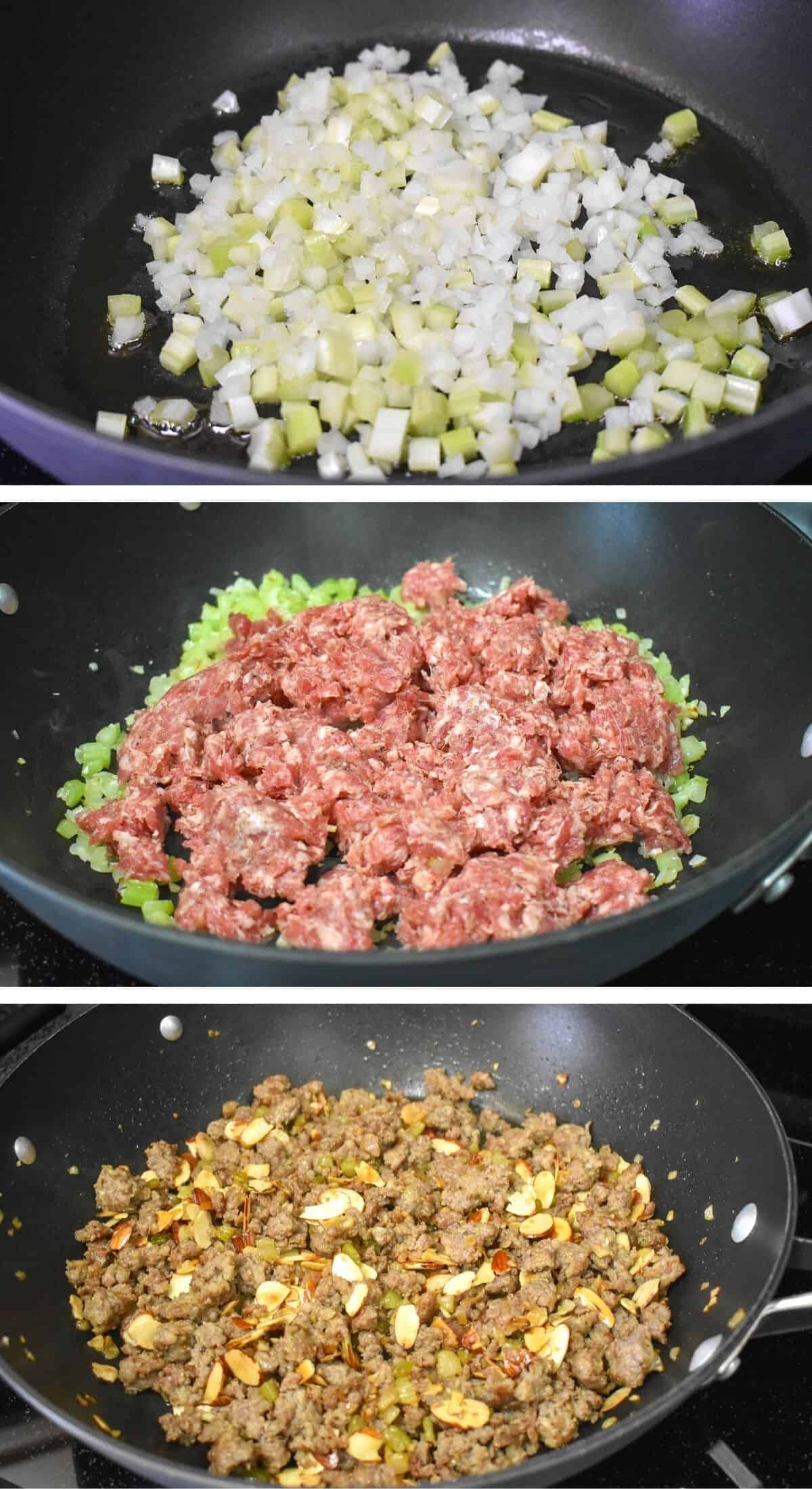 A collage of three images showing how to make the sausage for the stuffing.