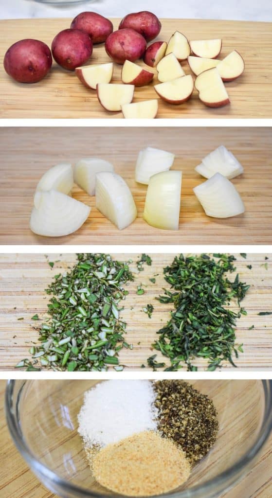 Four images illustrating the prep work for the potatoes and onions for the dish.