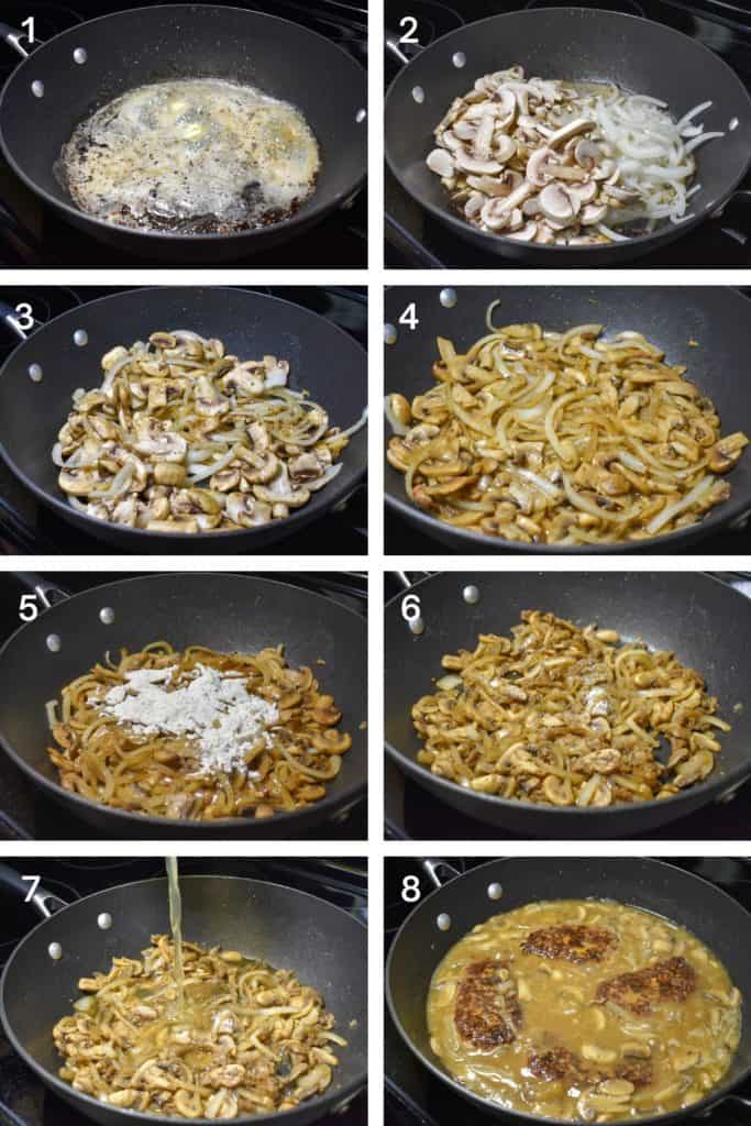 A collage of eight images showing the steps of making the Salisbury steak mushroom gravy.