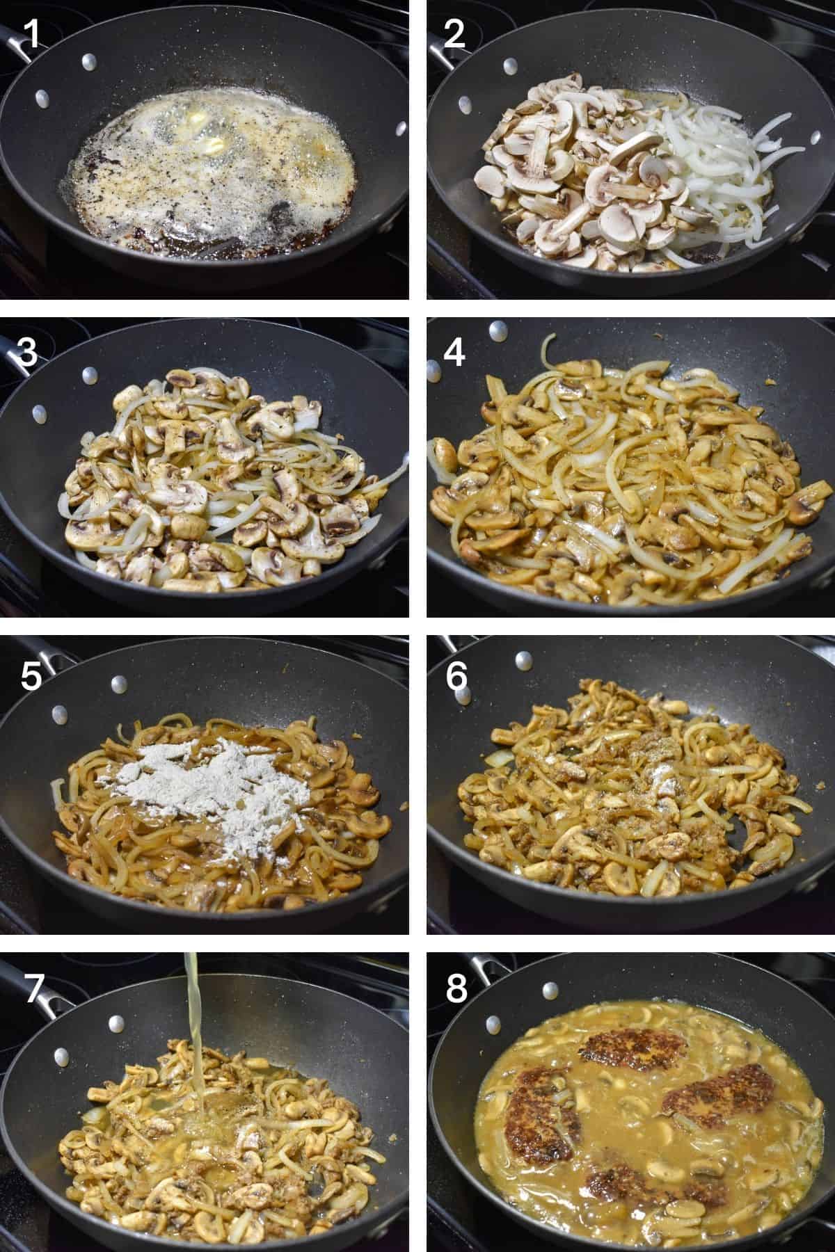 A collage of eight images showing the steps of making the Salisbury steak mushroom gravy.
