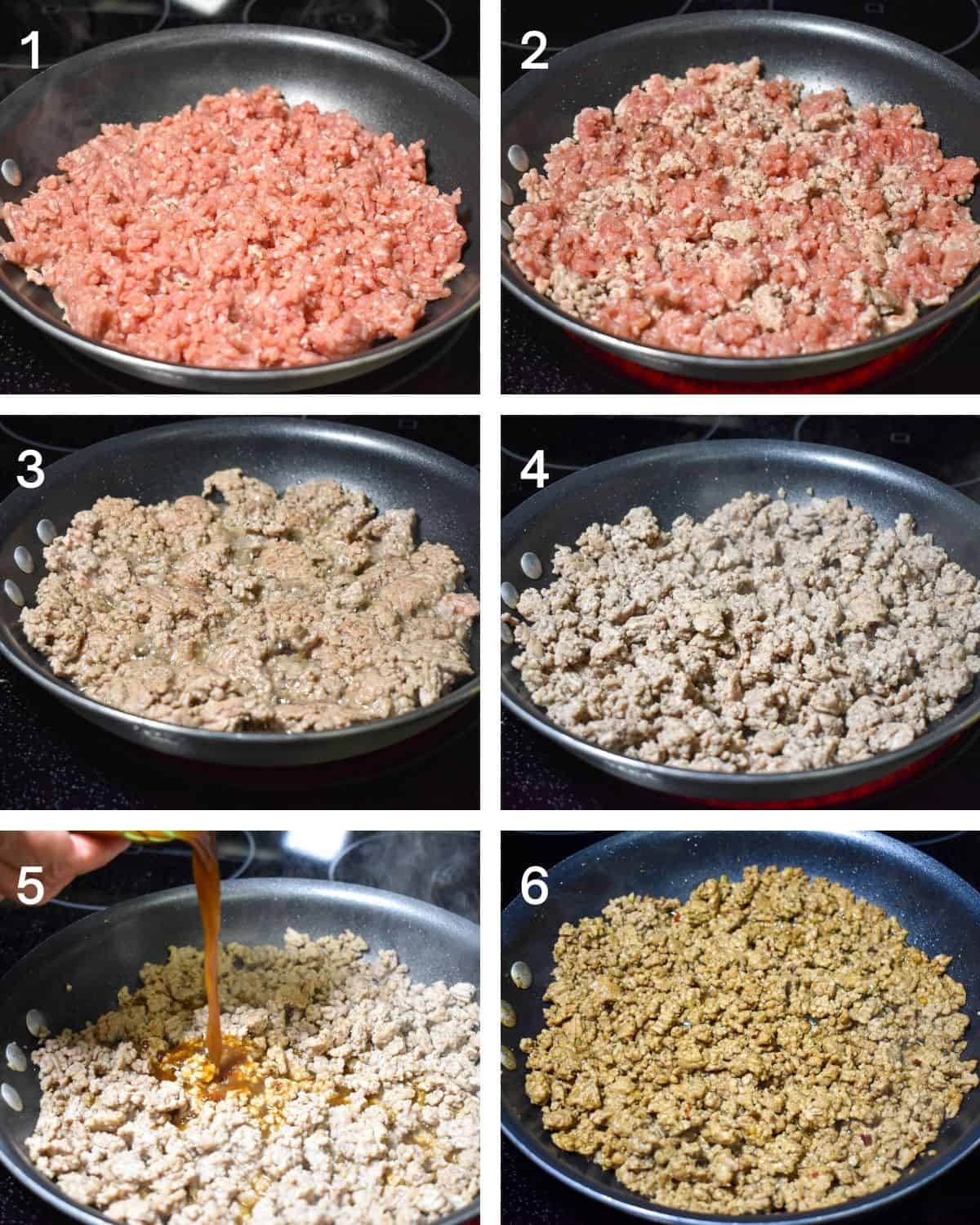 A collage with a picture illustrating the six steps described for cooking the ground pork.