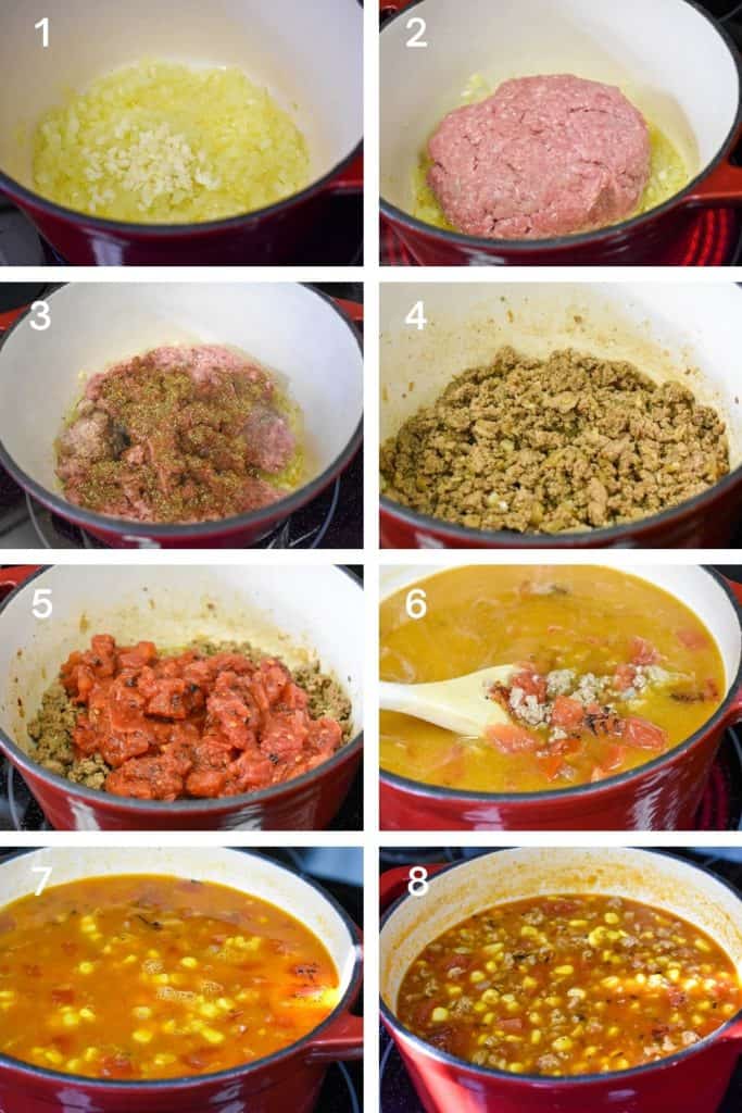 A collage of eight images illustrating the steps to making the ground turkey tortilla soup.