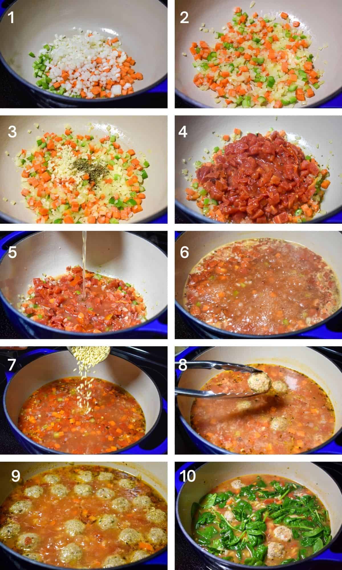 A collage of ten images illustrating the steps to make turkey meatball soup.