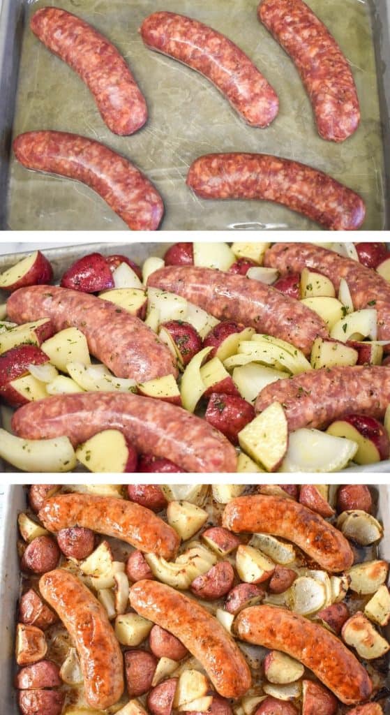 Three images of preparing the baking sheet with the sausage and the potatoes. The last image is after baking.