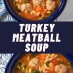 Two images of the soup, the bottom one is a close up and they are separated by a graphic with a blue background and white letters with the title.