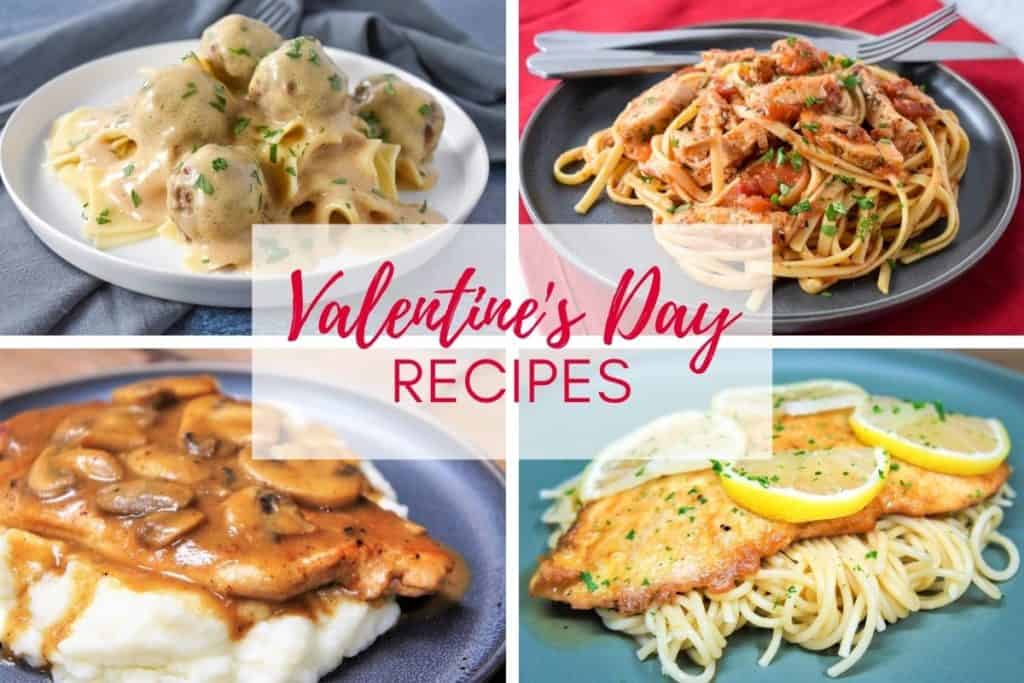 A collage of four images of recipes in the post including meatballs and gravy, chicken tomato pasta, chicken and mushrooms and chicken francaise. There's graphic in the center with the title of the article in pink letters..