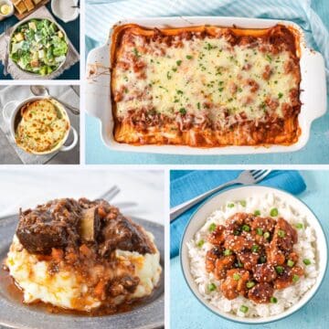 Collage of Valentine’s Day dinner ideas including baked pasta, Caesar salad, French onion soup, braised short ribs over mashed potatoes, and sesame chicken served with rice.