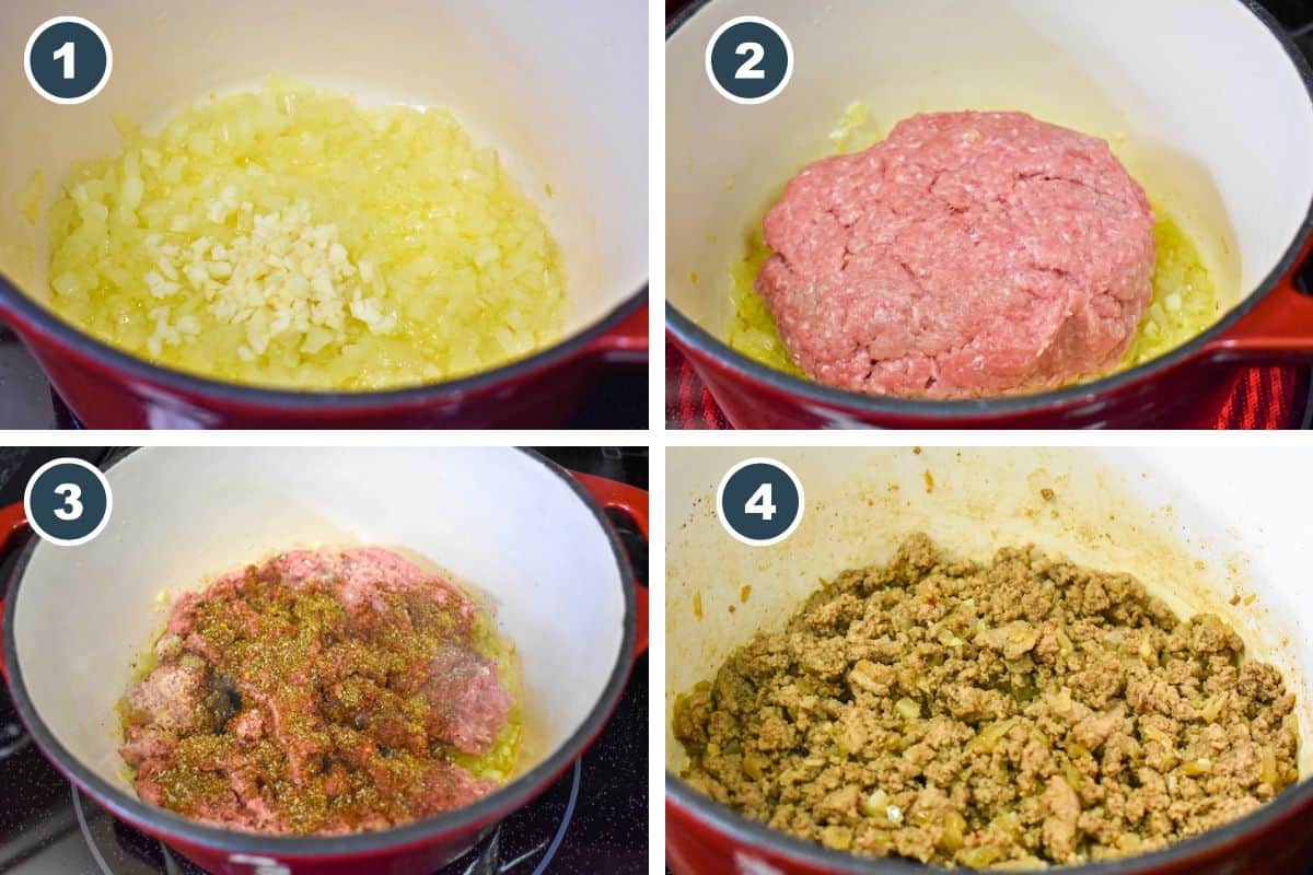 A collage of four images showing steps one through four of making ground turkey tortilla soup: sautéing the onions and garlic, adding the ground turkey and seasonings, and browning the turkey.