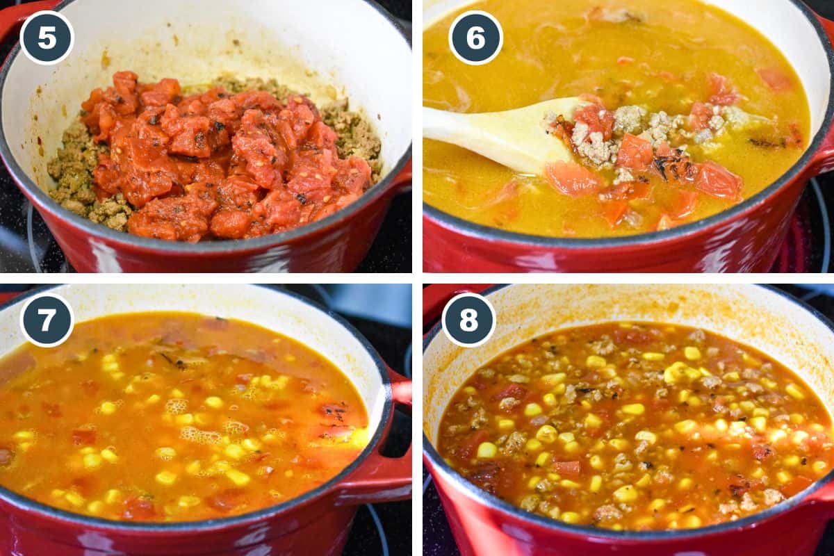 A collage of four images showing steps five through eight of making ground turkey tortilla soup: adding the tomatoes and chicken broth, simmering the soup, adding the corn, and cooking until finished.