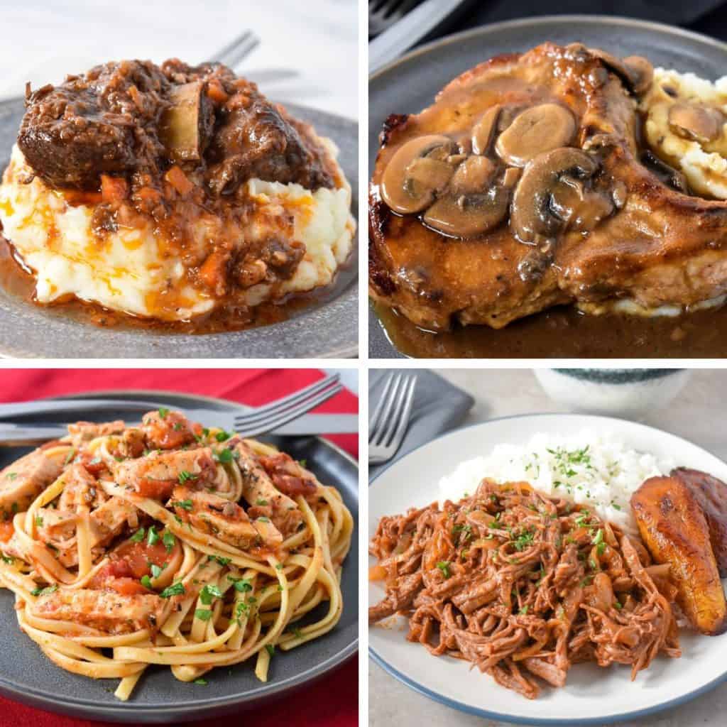 A collage of four images, short ribs, pork chops with mushroom gravy, linguine with chicken and red sauce, and Cuban shredded beef.