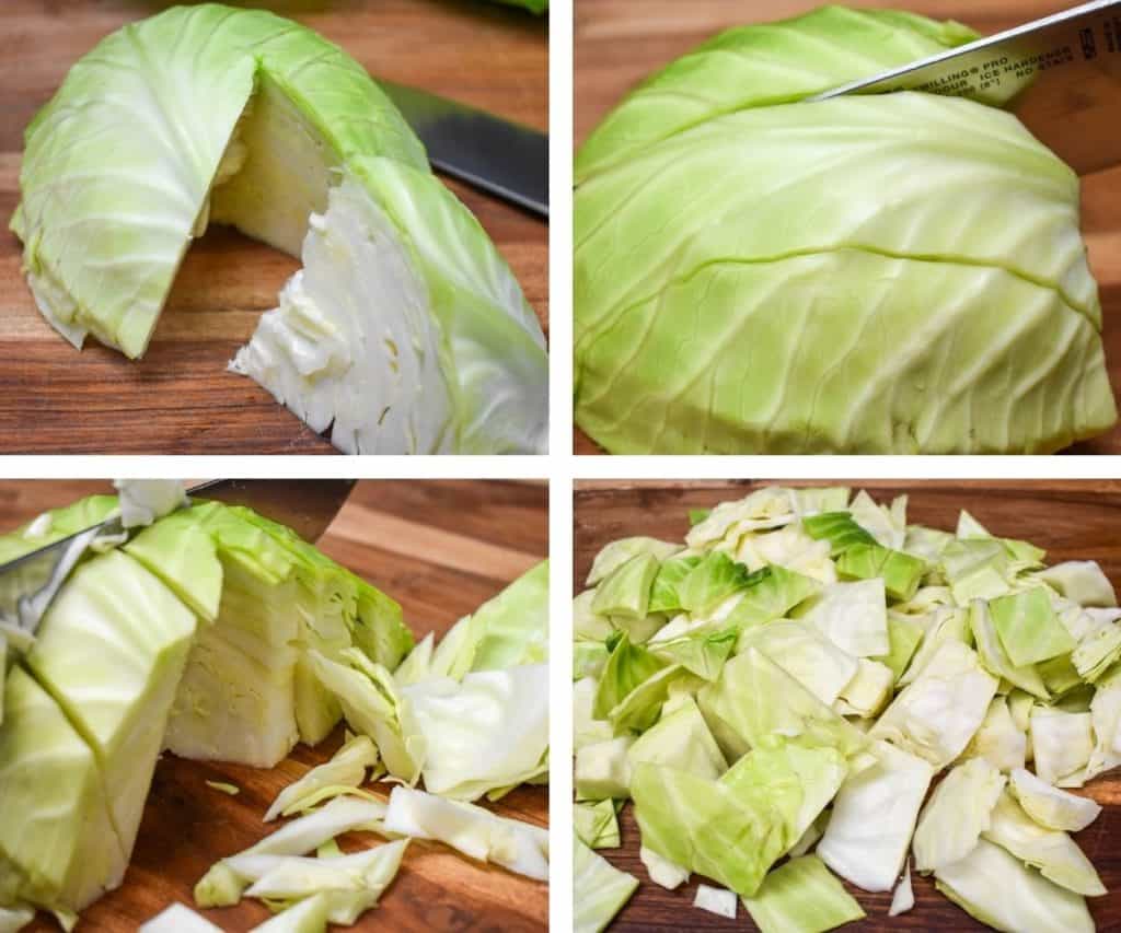 A collage of four images illustrating the steps to chopping cabbage.