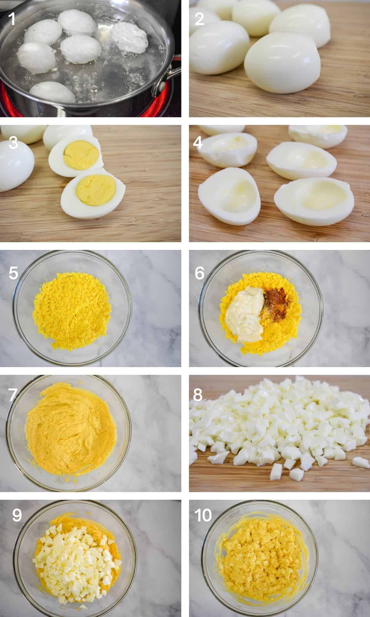 A collage of ten images illustrating the steps to make egg salad.