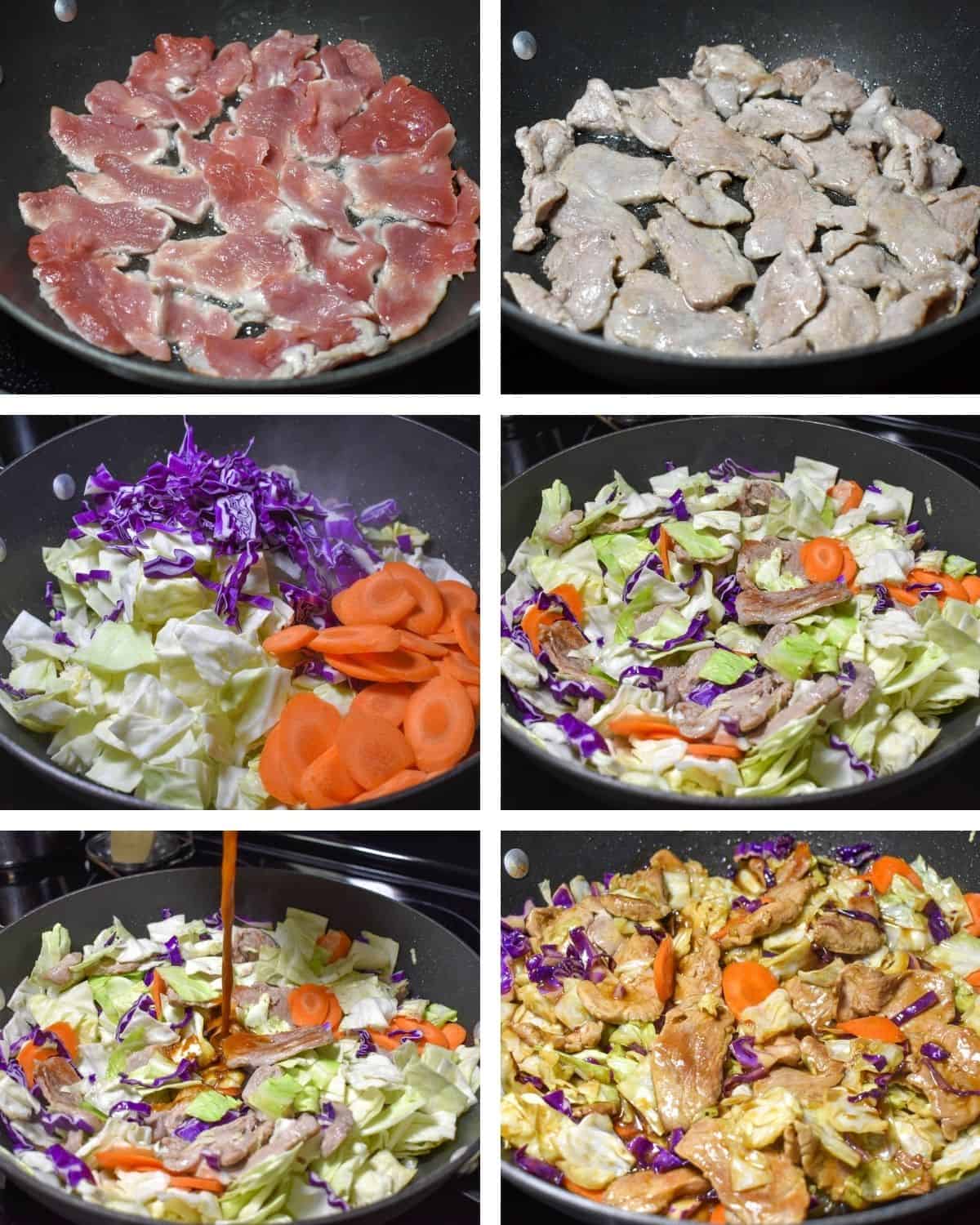 A collage of six images illustrating the steps to making the pork stir fry.