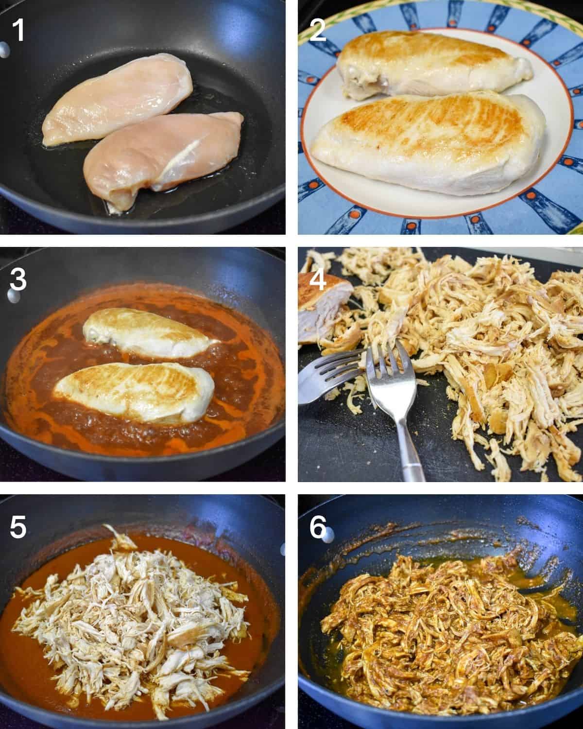 A collage of six images illustrating the steps to making the shredded chicken topping for the nachos.