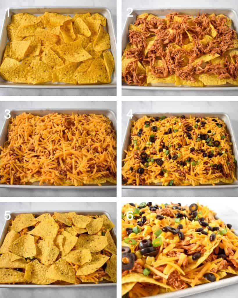 A collage of six images illustrating the steps to building the chicken nachos.