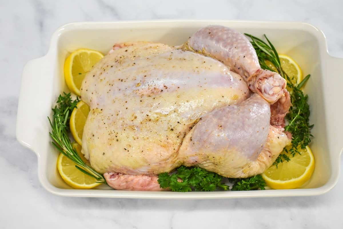 A raw, whole chicken in a white casserole dish with thyme, rosemary, parsley and thick lemon slices tucked in around the edges.