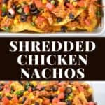 Two images of the finished nachos separated by a graphic with the title in white letters.