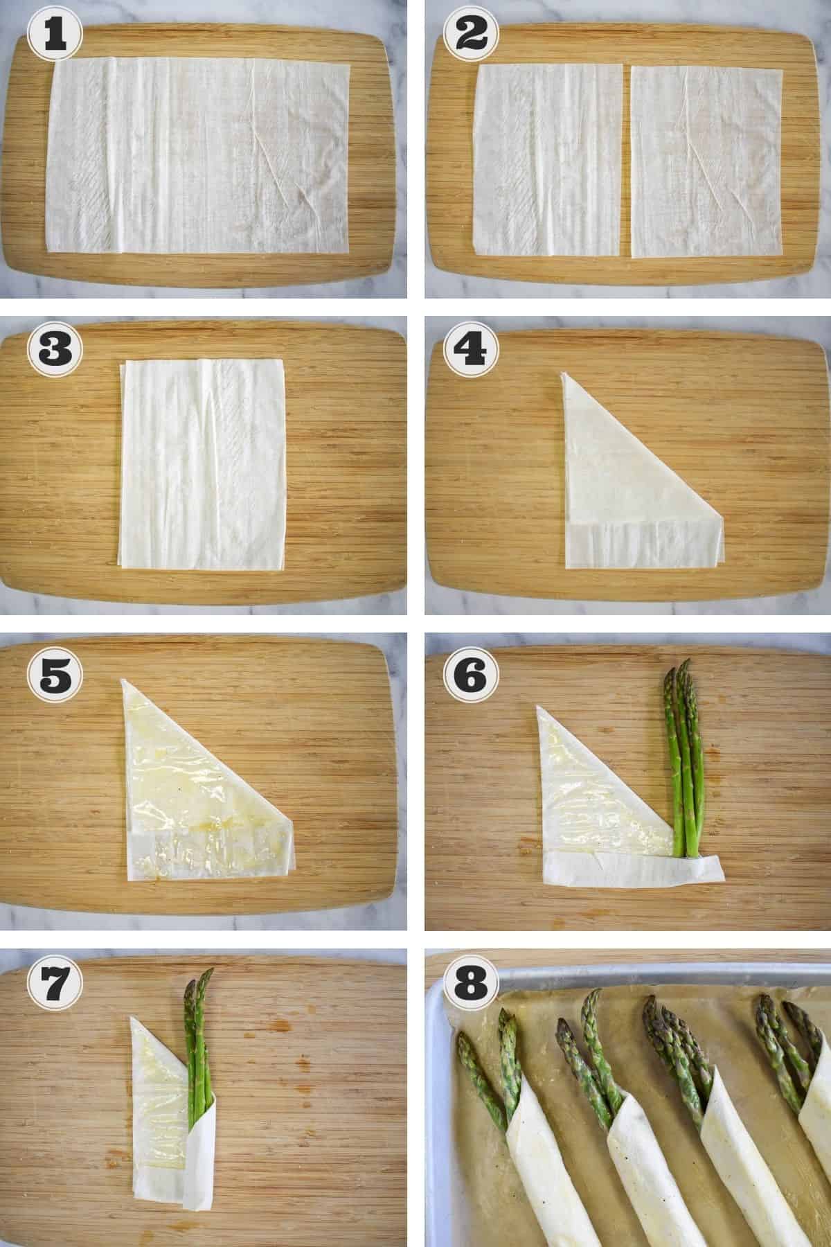 Eight images illustrating the process of making the asparagus rolls.