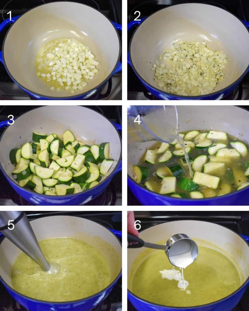 A collage of six pictures illustrating the steps of making the zucchini soup.