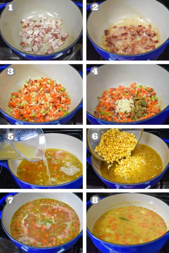 A collage of eight pictures showing the steps to make the yellow split pea soup.