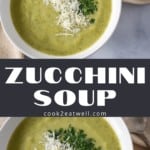 Two images of the finished soup separated by a gray graphic with the title in white letters.