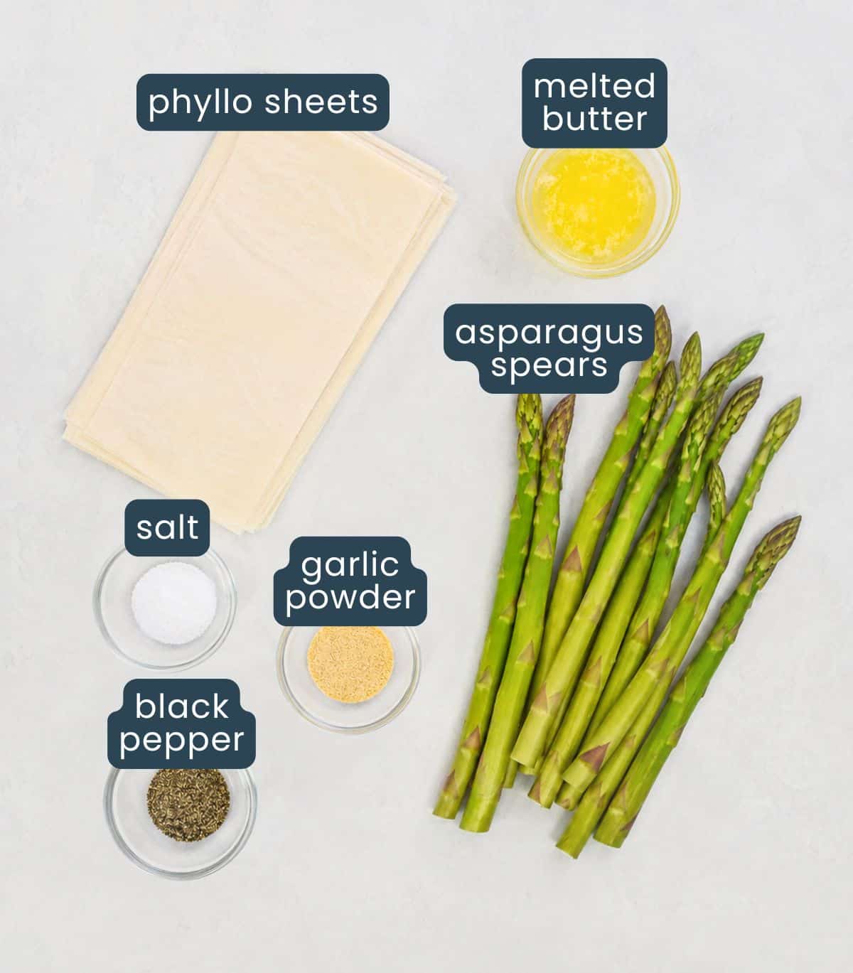 Ingredients for asparagus rolls: phyllo sheets, fresh asparagus spears, melted butter, salt, garlic powder, and black pepper, neatly arranged on a white table.