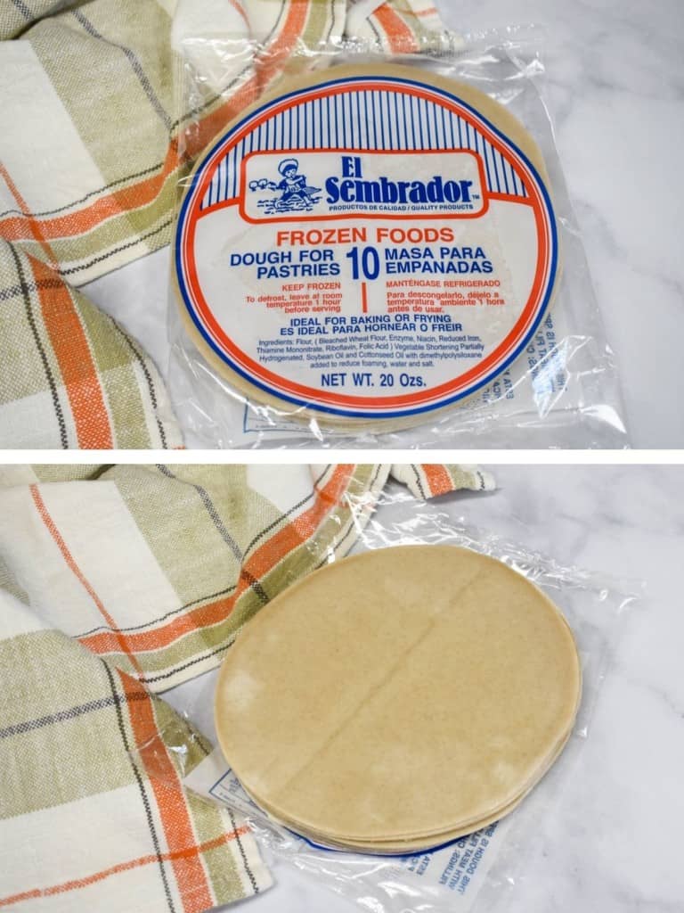 Two images one of empanada discs in the package and the other is the discs out of the package. There is a light colored peach and beige kitchen towel next to the discs.