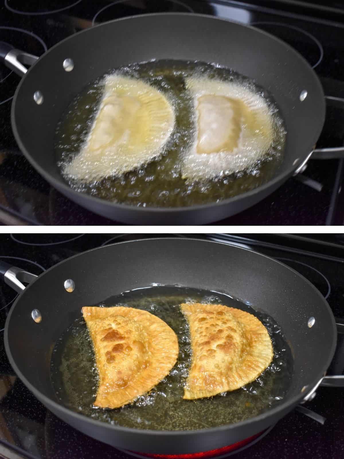 Two images of two empanadas frying in a large, black skillet. The top image is when they were first added and the second is when one side is golden brown.
