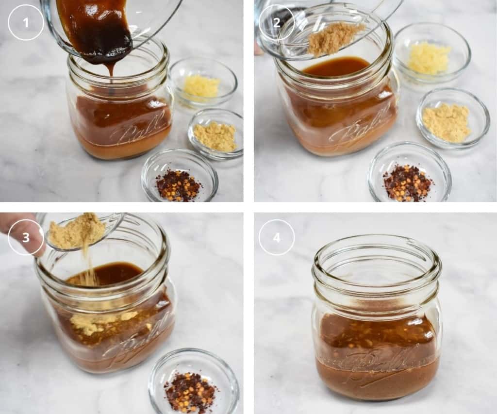 Four images illustrating the making of the stir fry sauce in a small canning jar.