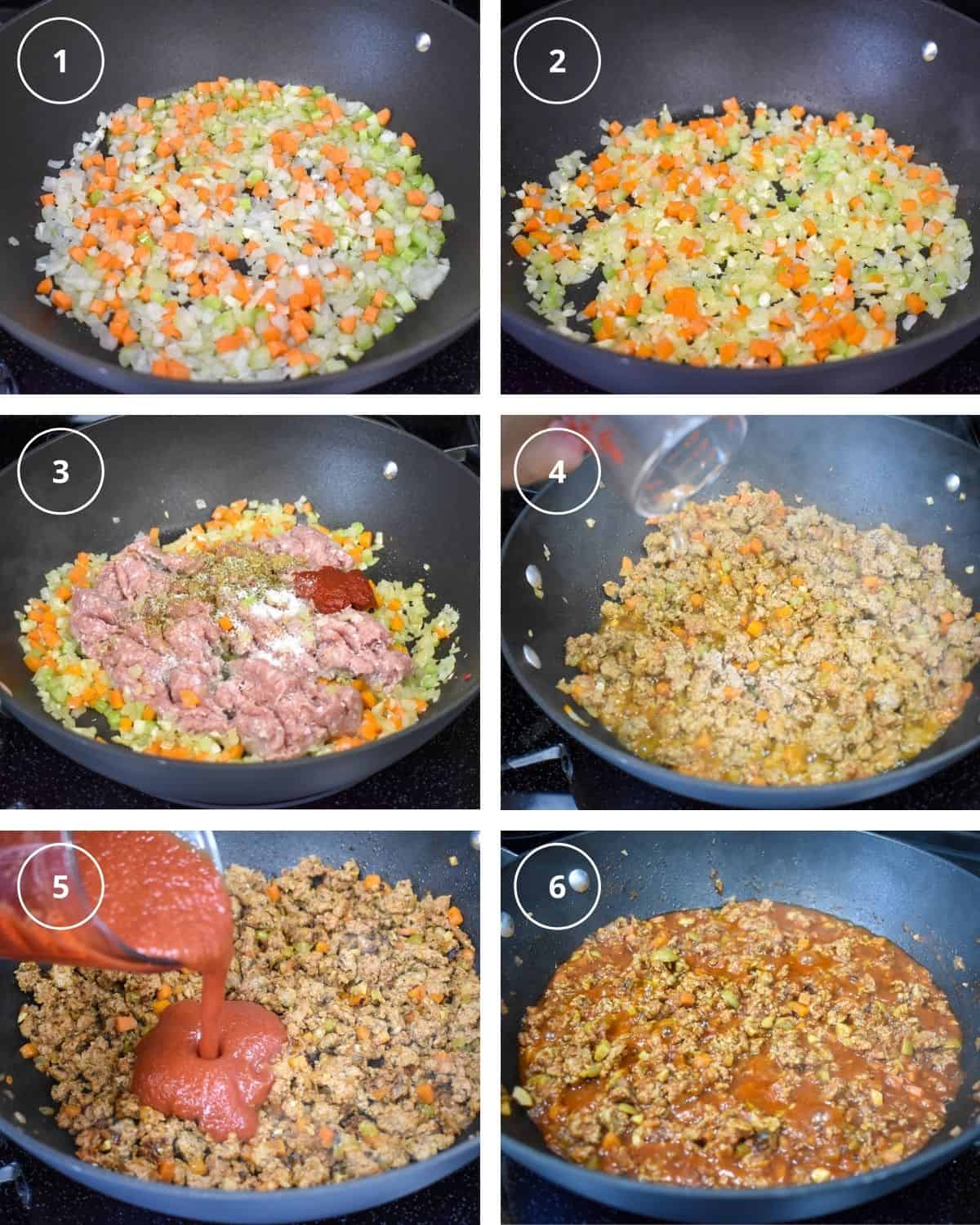 A collage of six images illustrating the steps to making the filling.