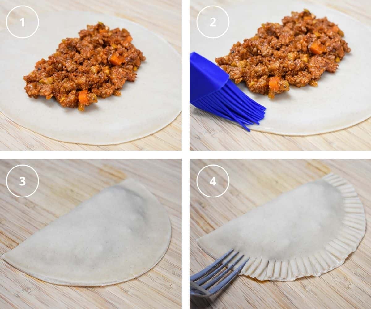 A collage of four images illustrating the steps to building the empanadas.