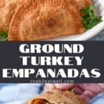 Two images of the empanadas the bottom one is cut in half showing the inside. Between the images is a black graphic with the title in white letters.