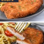 Two images of the finished dish. The bottom picture is a close up of a cut piece of fried pork chop held up by a fork. In the background there is spaghetti with tomatoes. The meal is served on a gray plate and there is a blue graphic in the top left side with the title in aqua and yellow letters.