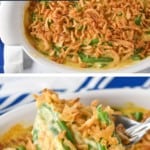 Two images of the green bean casserole. In the top one it is in a white casserole dish, in the second picture a scoopful is being held up by a serving spoon. There is a banner in the top, left side with the title in yellow and aqua letters.