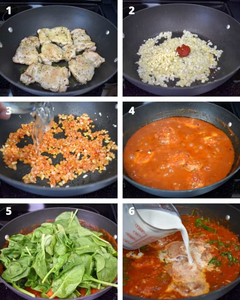 A collage of six images illustrating the steps to making the chicken and sauce.