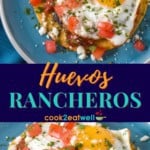 Two images of the huevos rancheros served on an aqua plate, separated by a dark blue graphic with the title in yellow and aqua letters.