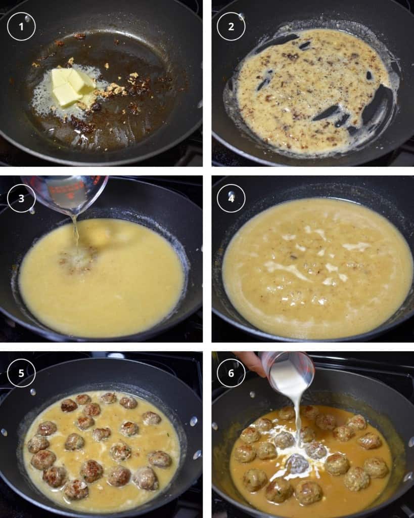 A collage of six pictures showing the steps to making the gravy, from melting the butter to the final step of adding the half and half.