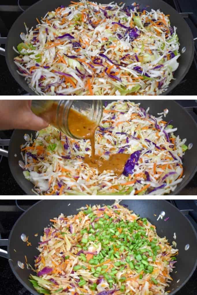 Three images vertically of the steps to making the vegetable filling.