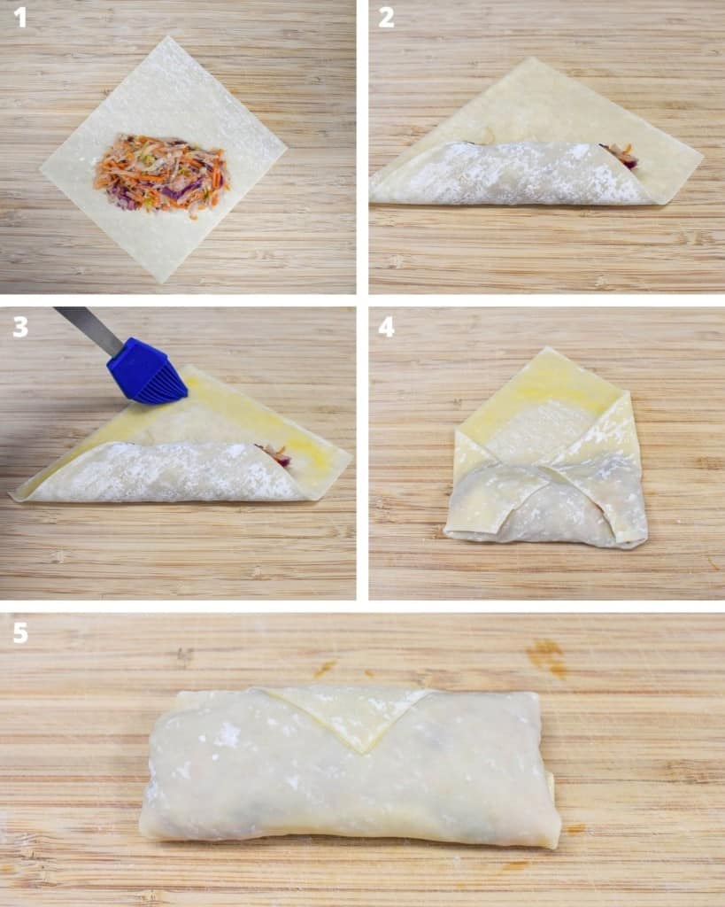 A collage with five images illustrating the process of building the egg rolls. All are set on a light colored wood cutting board.