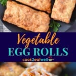 Two images of the egg rolls. The bottom image the egg roll is cut in half showing the vegetables. The pictures are separated by a blue graphic with the title in yellow and aqua letters.
