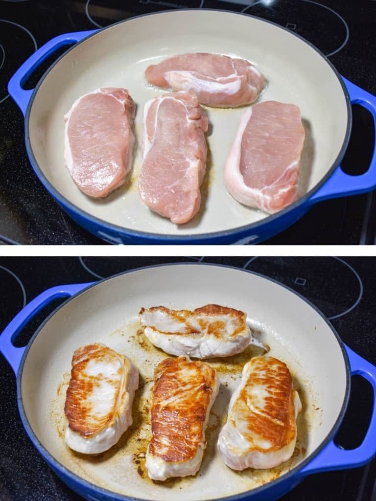 Two images of the pork chops frying. The top one is when they are just put in and the second is when they are browned on one side.