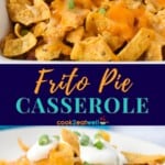 Two images of the frito pie casserole. Between the picture is a blue graphic with the title in yellow and aqua letters.