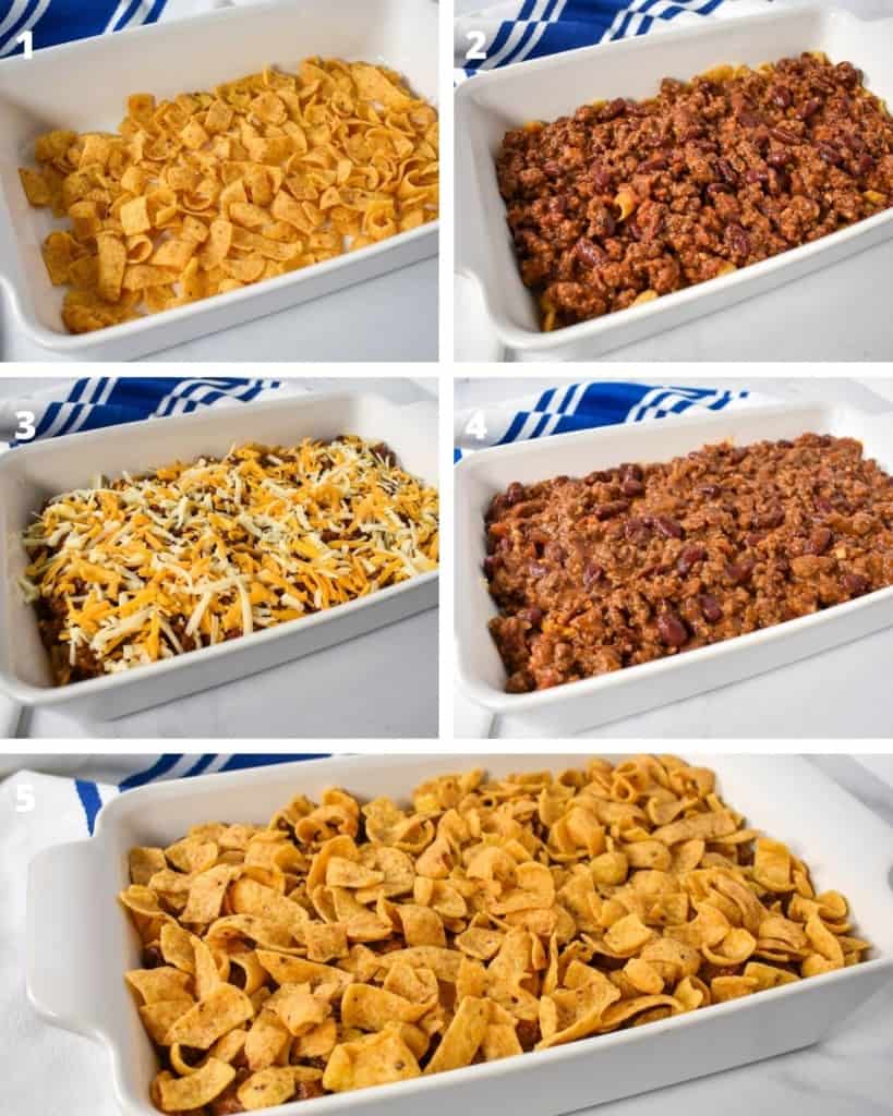 Five images showing the steps to building the frito pie casserole.