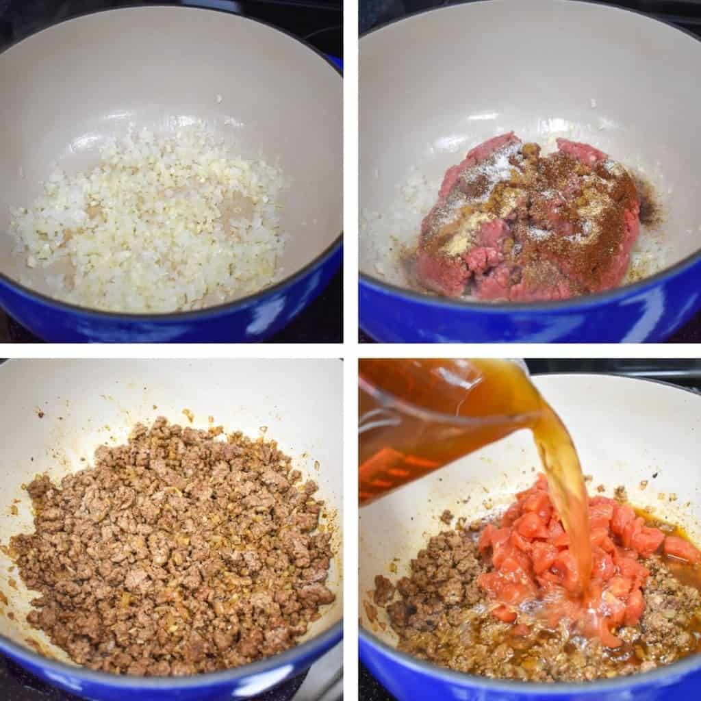 Four images showing the steps to make the chili.